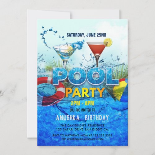 Cool Pool Party  Birthday Invitation