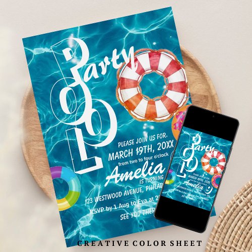 Cool Pool Party Kids Birthday  Invitation