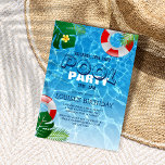 Cool Pool Party | Swimming Birthday Invitation<br><div class="desc">Who does'nt love a pool party? This invitation oozes summer with it's crystal clear aqua blue water, gentle ripples enticing you in for a swim or splash around to cool off. The design is decorated with tropical green foliage leaves, a bright tropical yellow flower and traditional inflatable rings. It's modern...</div>