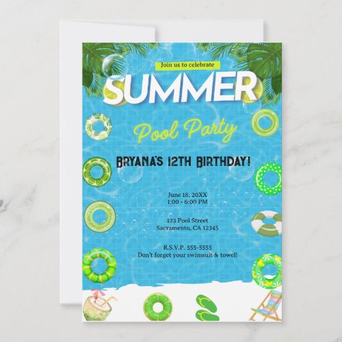 Cool Pool Party  Swimming Birthday Invitation