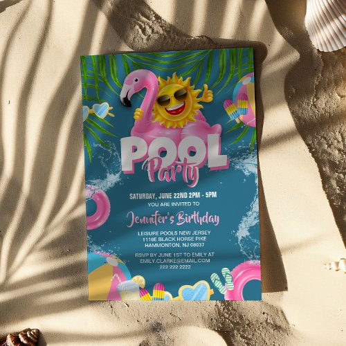 Cool Pool Party  Swimming Birthday Pink Flamingo Invitation