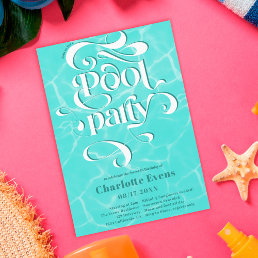 Cool pool party water script swirls teal Sweet 16 Invitation