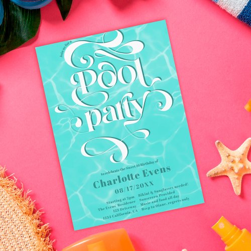 Cool pool party water script swirls teal Sweet 16 Invitation