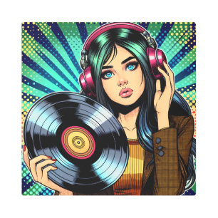 Cool Pop Art Comic Style Girl with Vinyl Album