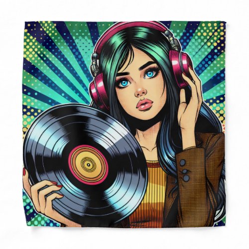 Cool Pop Art Comic Style Girl with Vinyl Album Bandana