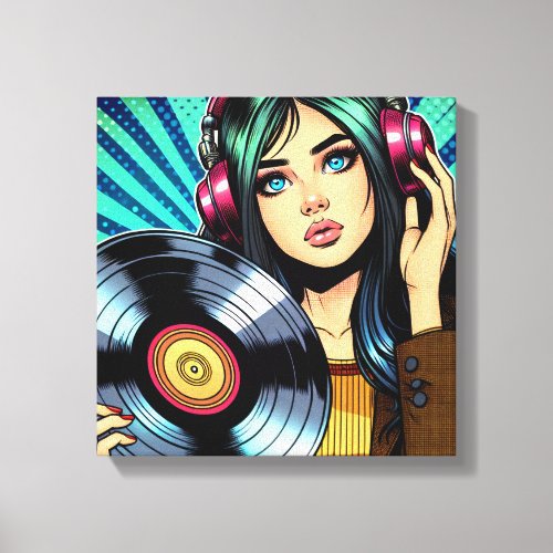 Cool Pop Art Comic Style Girl with Vinyl Album Canvas Print