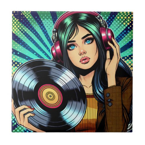 Cool Pop Art Comic Style Girl with Vinyl Album Ceramic Tile