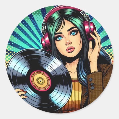 Cool Pop Art Comic Style Girl with Vinyl Album Classic Round Sticker