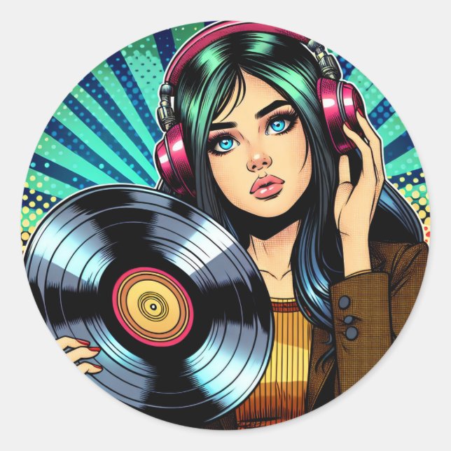 Cool Pop Art Comic Style Girl with Vinyl Album Classic Round Sticker (Front)