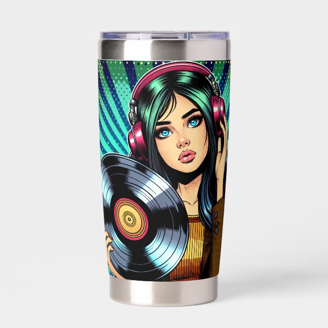 Cool Pop Art Comic Style Girl with Vinyl Album Insulated Tumbler (Front)