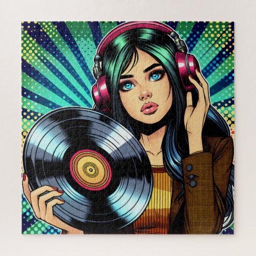 Cool Pop Art Comic Style Girl with Vinyl Album Jigsaw Puzzle