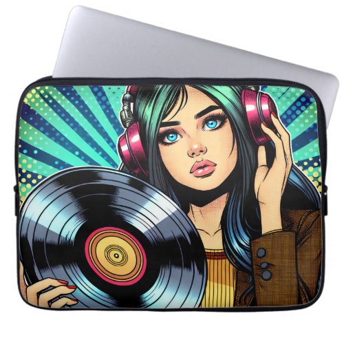 Cool Pop Art Comic Style Girl with Vinyl Album Laptop Sleeve