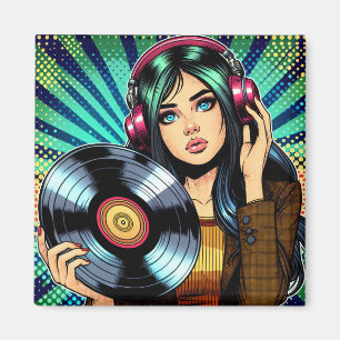 Cool Pop Art Comic Style Girl with Vinyl Album Magnet