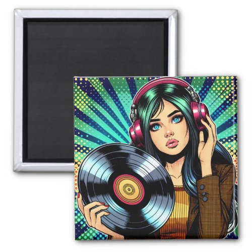 Cool Pop Art Comic Style Girl with Vinyl Album Magnet