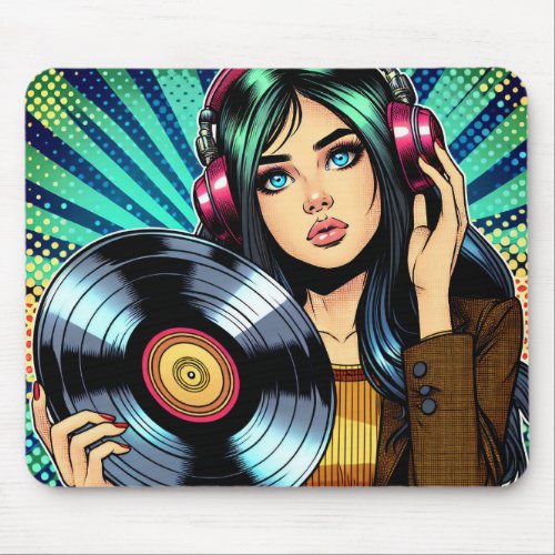 Cool Pop Art Comic Style Girl with Vinyl Album Mouse Pad