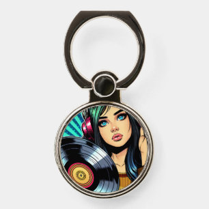 Cool Pop Art Comic Style Girl with Vinyl Album Phone Ring Stand