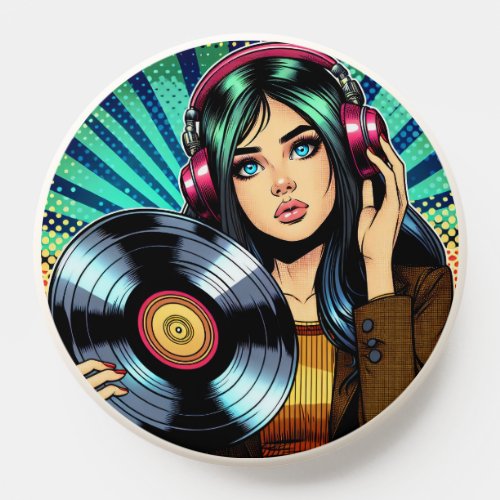 Cool Pop Art Comic Style Girl with Vinyl Album PopSocket
