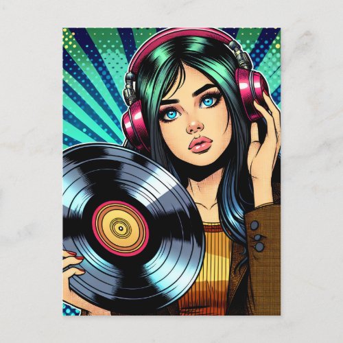Cool Pop Art Comic Style Girl with Vinyl Album Postcard
