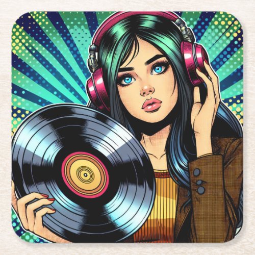 Cool Pop Art Comic Style Girl with Vinyl Album Square Paper Coaster