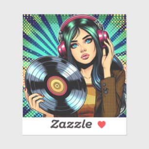 Cool Pop Art Comic Style Girl with Vinyl Album Sticker