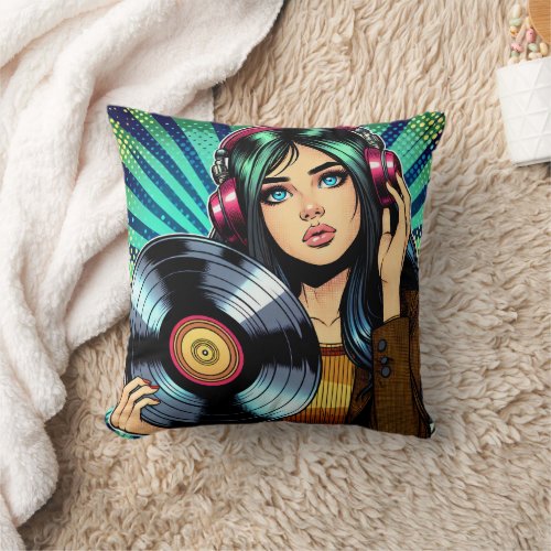 Cool Pop Art Comic Style Girl with Vinyl Album Throw Pillow
