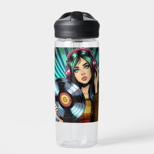Cool Pop Art Comic Style Girl with Vinyl Album Water Bottle