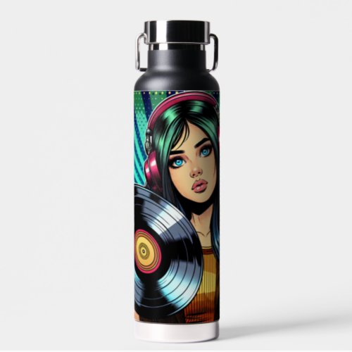 Cool Pop Art Comic Style Girl with Vinyl Album Water Bottle