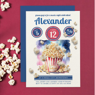 Cool Popcorn Movie Night Cinema Party Watercolor Invitation