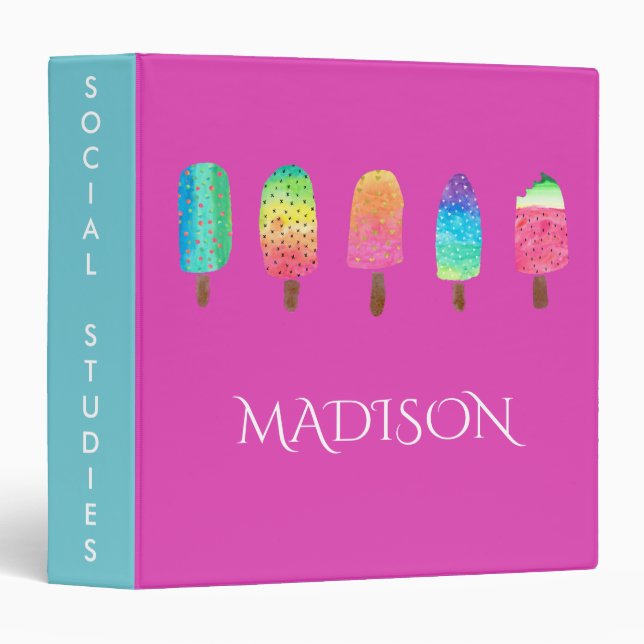 Cool Popsicles Hot Pink Turquoise Custom School 3 Ring Binder (Front/Spine)