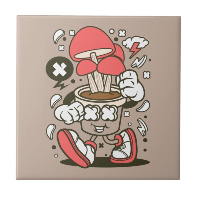 Cool Potted Mushroom Character Cartoon Ceramic Tile (Front)