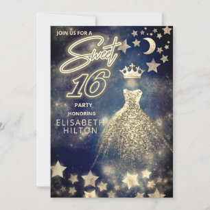 Cool princess Gold Sequins dress moon stars blue Invitation