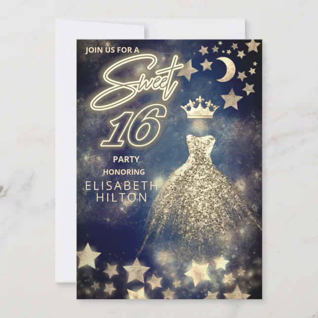 Cool princess Gold Sequins dress moon stars blue Invitation Zazzle