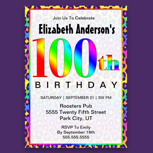 Cool Psychedelic Cheetah Print 100th Birthday   Invitation