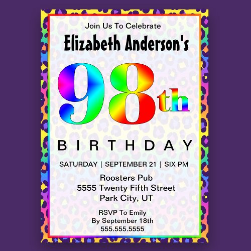 Cool Psychedelic Cheetah Print 98th Birthday   Invitation