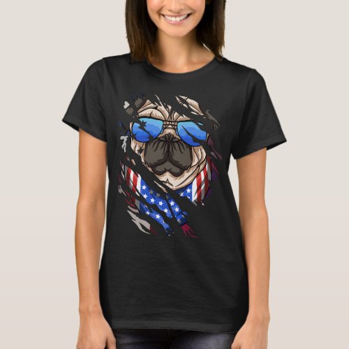 Cool PUG Dog Behind Scratched American Flag Dog 4t T_Shirt
