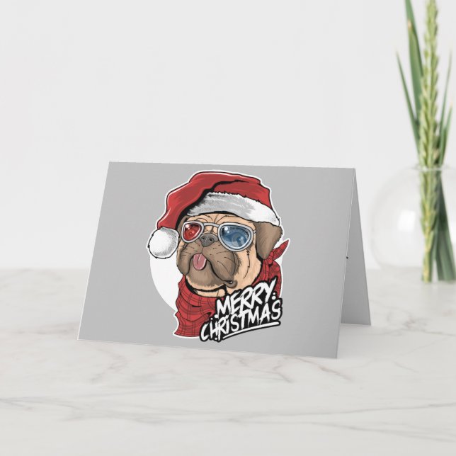 Cool Pug dog Christmas Holiday Card (Front)