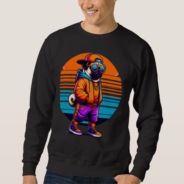Cool Pug Dog Modern Urban Style Sunset Retro Graph Sweatshirt (Front)