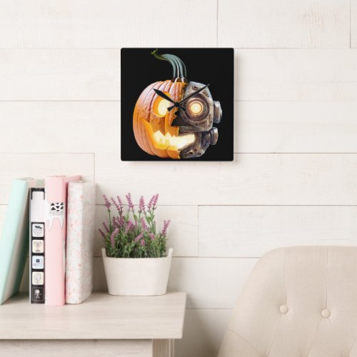 Cool Pumpkin Robot Halloween Thanksgiving Harvest Square Wall Clock