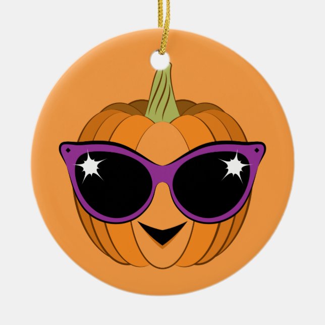 Cool Pumpkin Wearing Retro Cat Sunglasses Ceramic Ornament (Front)