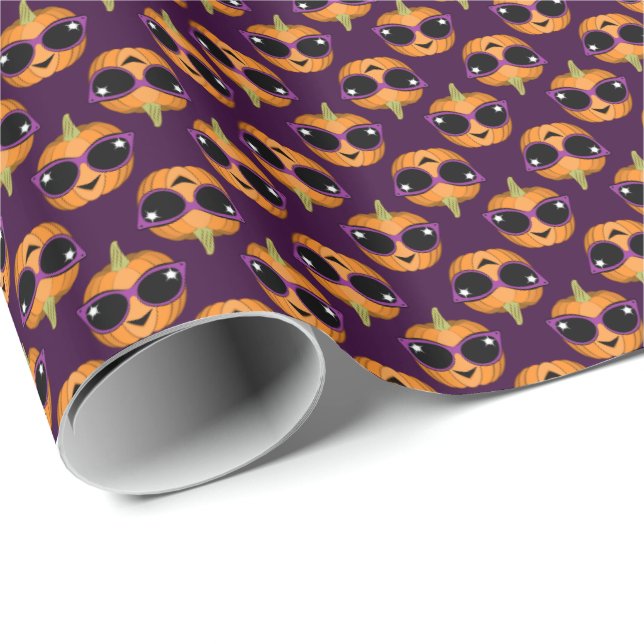 Cool Pumpkin Wearing Retro Cat Sunglasses Pattern Wrapping Paper (Roll Corner)