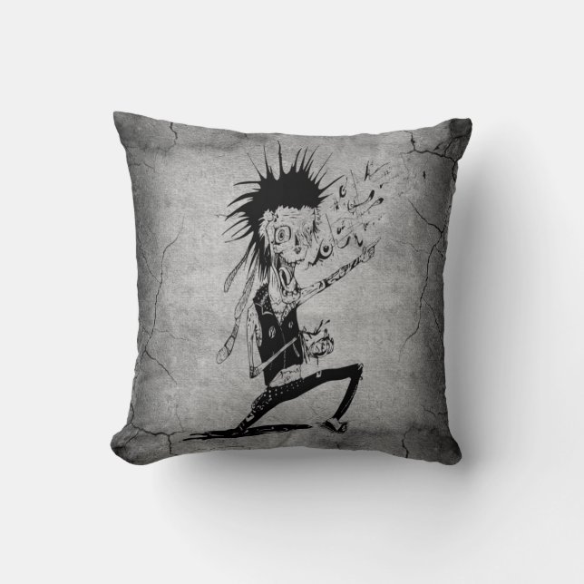 Cool punk zombie grey cracked wall black grey throw pillow (Front)