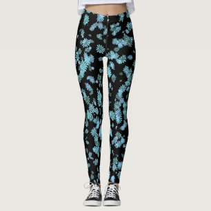 Cool Purple and Blue Snowflake Black Leggings