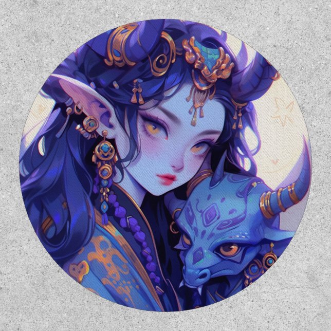 Cool Purple and Gold Horned Elf Anime Girl Patch (Front)