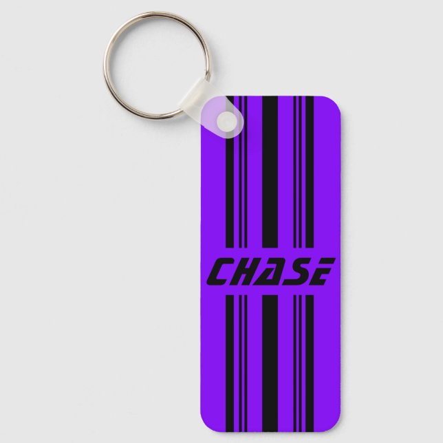 Cool Purple & Black Striped Personalized Name  Keychain (Front)