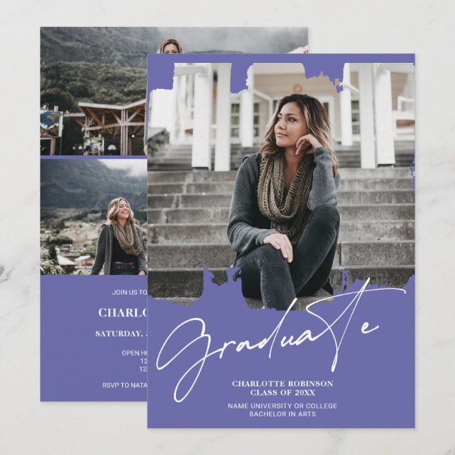 Cool purple blue graduate script photo graduation invitation (Front/Back)