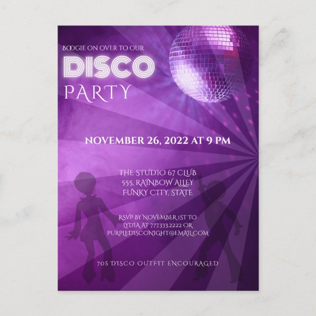 Cool Purple Disco Ball Party Postcard (Front)