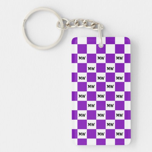 Cool Purple Geometric Checkered Monogram Initials Keychain