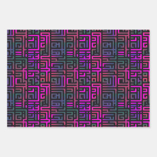 Cool Purple Green Grid Maze Line Pattern Wrapping Paper Sheets