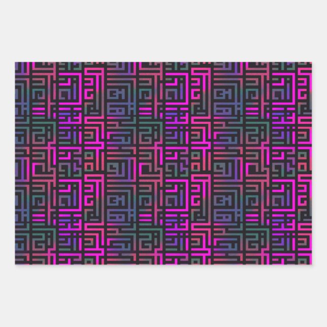 Cool Purple Green Grid Maze Line Pattern Wrapping Paper Sheets (Front)