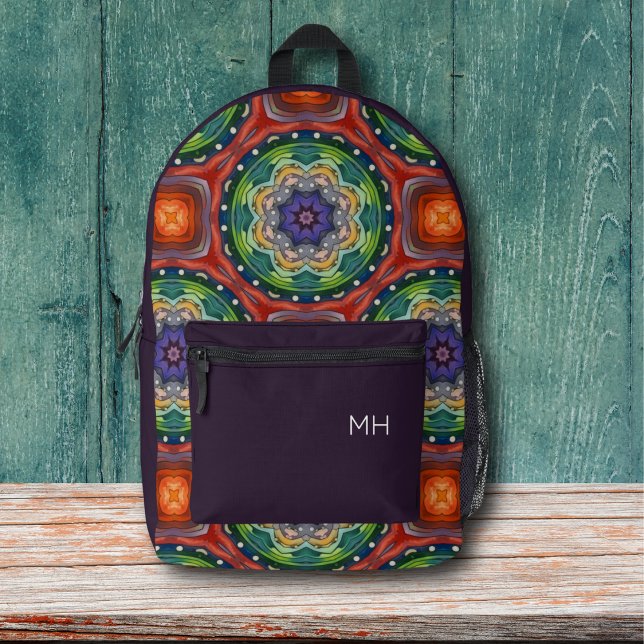 Cool Purple Mandala Pattern Monogram Initials Printed Backpack (Creator Uploaded)